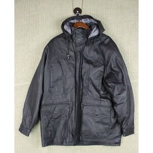 Vintage Mens Black Leather Field Jacket Parka Hooded XL Full Zip Insulated